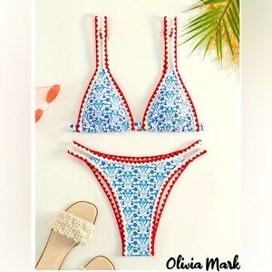 Vintage Style Ditsy Floral Print Whip Stitch Contrast Trim 2 Piece Set Bikini